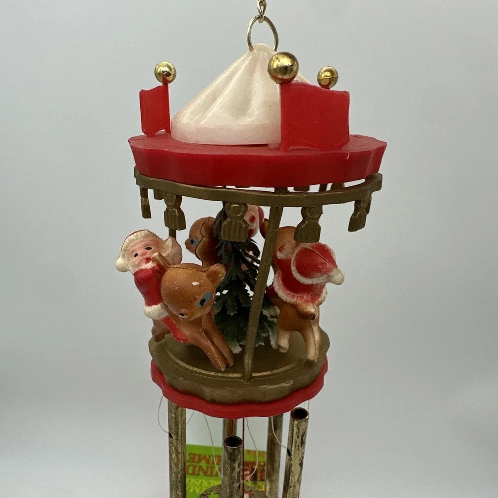 Vintage Wind Chime Christmas Ornament  Santa Riding Reindeer Carousel 1974 w/box